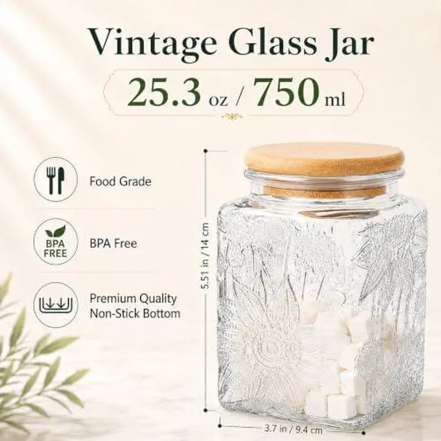Alt view image 2 of 7 - Vintage Glass Jar, 25.3 FL OZ Food Storage Container, Square Glass Jar with Lid, Decorative Jar for Home Kitchen Coffee, Tea, Candy, Sugar Jar (Square Sunflower)