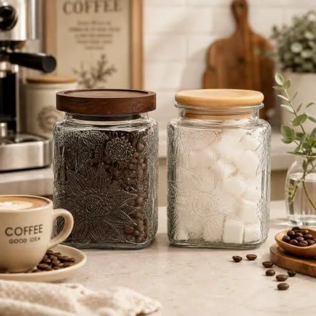 Alt view image 5 of 7 - Vintage Glass Jar, 25.3 FL OZ Food Storage Container, Square Glass Jar with Lid, Decorative Jar for Home Kitchen Coffee, Tea, Candy, Sugar Jar (Square Sunflower)