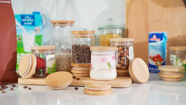 Alt view image 7 of 7 - 4 Pack 5oz Yogurt Jar Lids Compatible with Oui Jars Bamboo | Reusable Bamboo Lids with Silicone Seal, Kitchen Food Storage, Canning Caps, Nut Candy Containers, Jar Not Included
