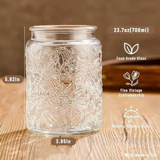 Alt view image 2 of 7 - Vintage Glass Jars with Wooden Lids, 24 oz Airtight Glass Food Storage Containers Sets for the Kitchen, Sugar Coffee Tea Cookie Candy Spice Pasta