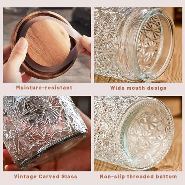 Alt view image 3 of 7 - Vintage Glass Jars with Wooden Lids, 24 oz Airtight Glass Food Storage Containers Sets for the Kitchen, Sugar Coffee Tea Cookie Candy Spice Pasta