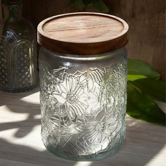 Alt view image 6 of 7 - Vintage Glass Jars with Wooden Lids, 24 oz Airtight Glass Food Storage Containers Sets for the Kitchen, Sugar Coffee Tea Cookie Candy Spice Pasta