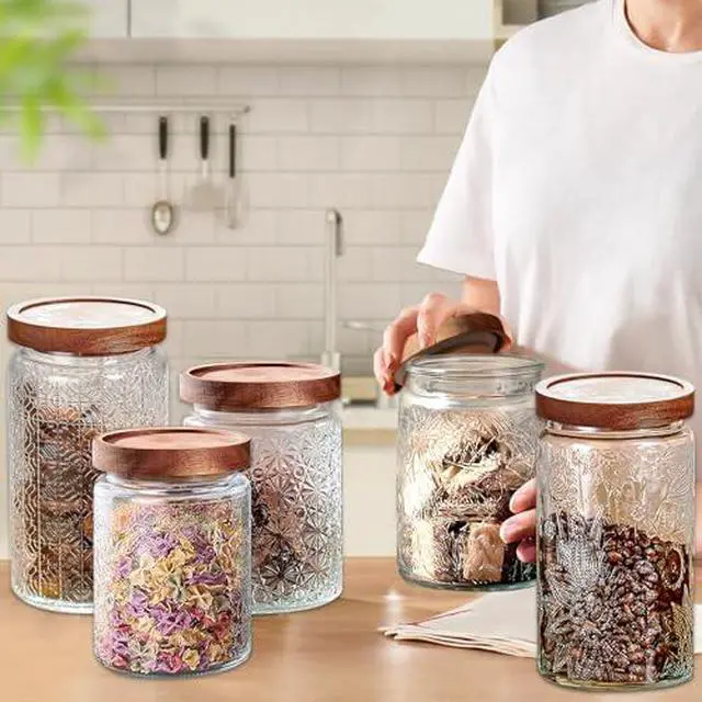 Alt view image 7 of 7 - Vintage Glass Jars with Wooden Lids, 24 oz Airtight Glass Food Storage Containers Sets for the Kitchen, Sugar Coffee Tea Cookie Candy Spice Pasta