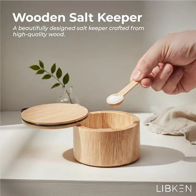Alt view image 2 of 7 - Wooden Salt Cellar with Lid & Spoon, - 6 Oz Rubberwood Flaky Salt Container | Wooden Salt box with magnetic swivel lid, 6 oz capacity and side-mounted wooden spoon holder for convenient seasoning stor