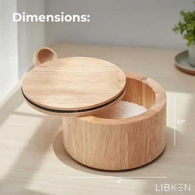 Alt view image 3 of 7 - Wooden Salt Cellar with Lid & Spoon, - 6 Oz Rubberwood Flaky Salt Container | Wooden Salt box with magnetic swivel lid, 6 oz capacity and side-mounted wooden spoon holder for convenient seasoning stor