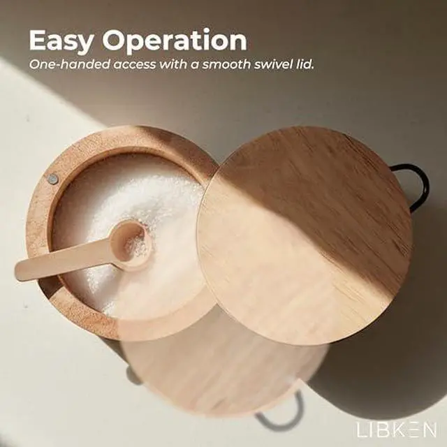 Alt view image 5 of 7 - Wooden Salt Cellar with Lid & Spoon, - 6 Oz Rubberwood Flaky Salt Container | Wooden Salt box with magnetic swivel lid, 6 oz capacity and side-mounted wooden spoon holder for convenient seasoning stor