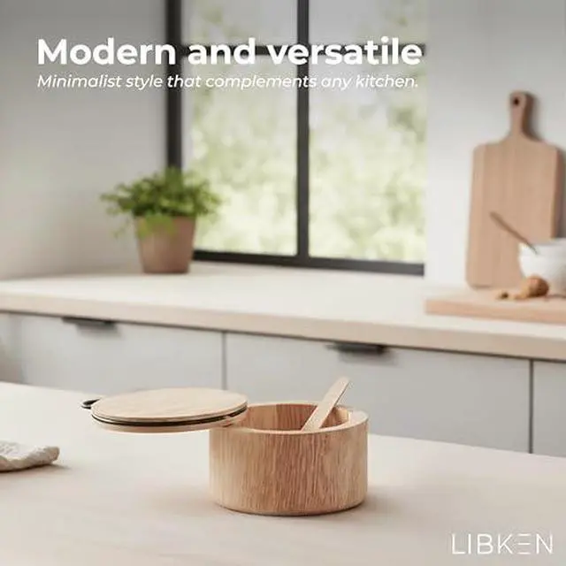 Alt view image 7 of 7 - Wooden Salt Cellar with Lid & Spoon, - 6 Oz Rubberwood Flaky Salt Container | Wooden Salt box with magnetic swivel lid, 6 oz capacity and side-mounted wooden spoon holder for convenient seasoning stor