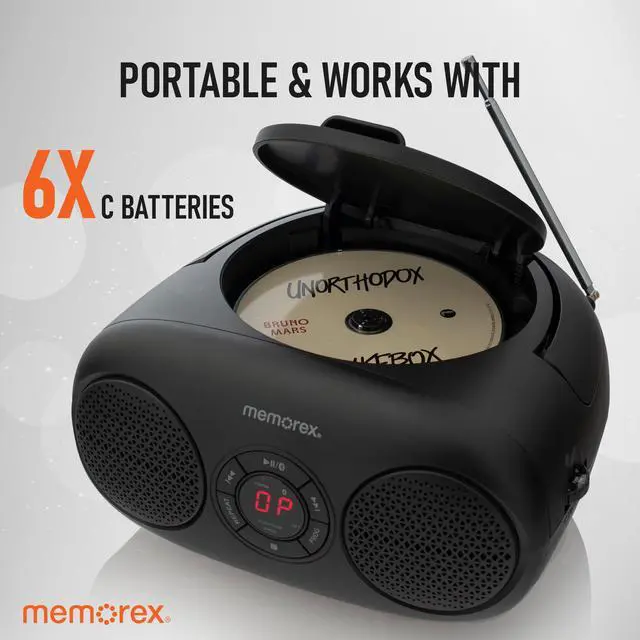 Alt view image 4 of 7 - AM/FM Top Loading CD Player | Portable Stereo with Programmable Memory | Auxiliary Input and LED Display (Black, CD Boombox)