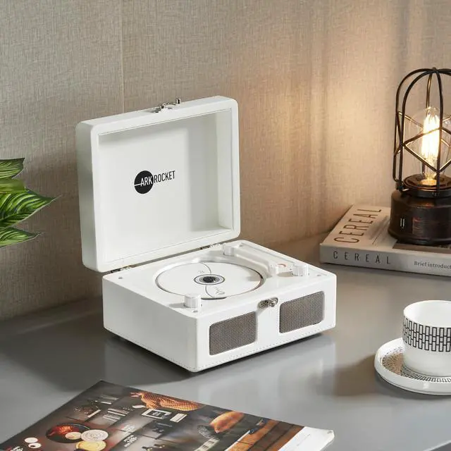 Alt view image 4 of 7 - Ginny Portable Mini Bluetooth CD Player Retro Mint Green Bluetooth Speaker | Plays CDs, Radio, USB & AUX | Compact Portable Stereo with Rechargeable Battery - White
