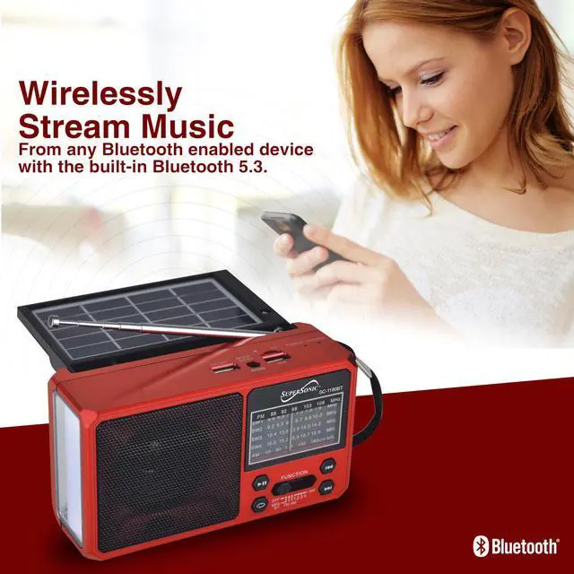 Alt view image 5 of 7 - SC-1180BT SolarWave Solar Emergency Radio w/Bluetooth 6.0, AM/FM/SW1-4, Solar+USB-C Rechargeable Battery, LED Flashlight, Micro SD/USB, 360° Antenna, Portable Speaker (Red)