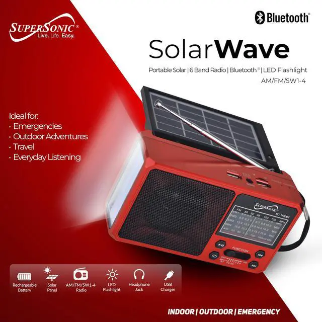 Alt view image 6 of 7 - SC-1180BT SolarWave Solar Emergency Radio w/Bluetooth 6.0, AM/FM/SW1-4, Solar+USB-C Rechargeable Battery, LED Flashlight, Micro SD/USB, 360° Antenna, Portable Speaker (Red)