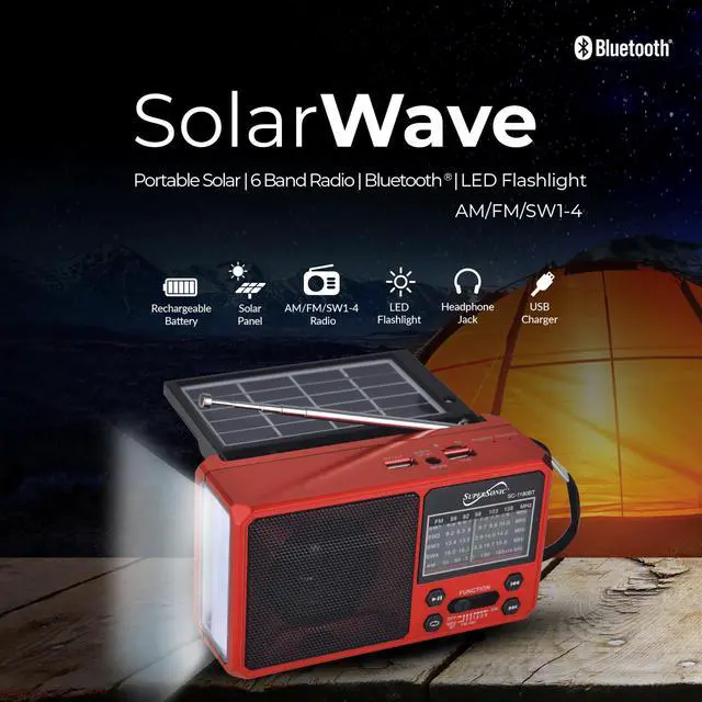 Alt view image 7 of 7 - SC-1180BT SolarWave Solar Emergency Radio w/Bluetooth 6.0, AM/FM/SW1-4, Solar+USB-C Rechargeable Battery, LED Flashlight, Micro SD/USB, 360° Antenna, Portable Speaker (Red)