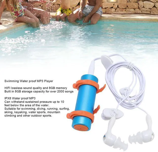 Alt view image 2 of 7 - Water Proof MP3 Player 8GB for Swimming, Diving, and Surfing - IPX8 Submersible Music Player with HiFi Sound, Includes Clip On Mount and Noise Isolating Earphones (Blue)