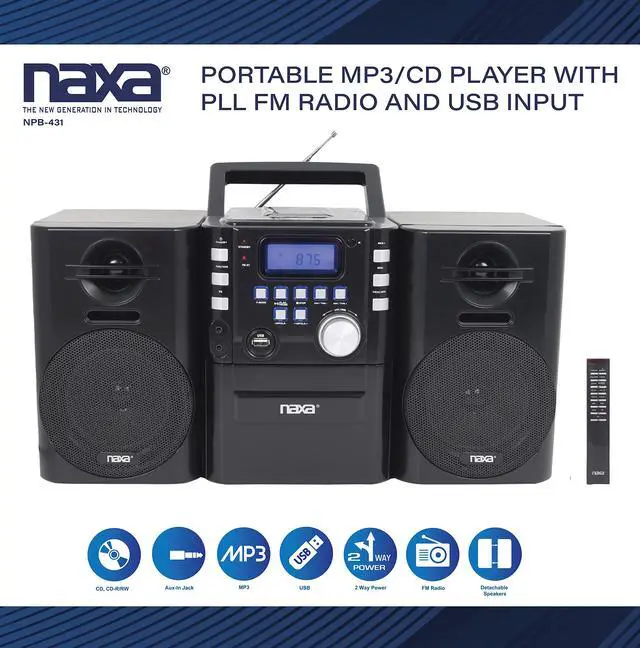 Alt view image 5 of 7 - Electronics NPB-431 Portable MP3/CD Player with PLL FM Radio, USB Input, Remote Control, and Detachable Speakers, Black