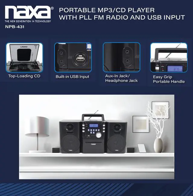 Alt view image 6 of 7 - Electronics NPB-431 Portable MP3/CD Player with PLL FM Radio, USB Input, Remote Control, and Detachable Speakers, Black