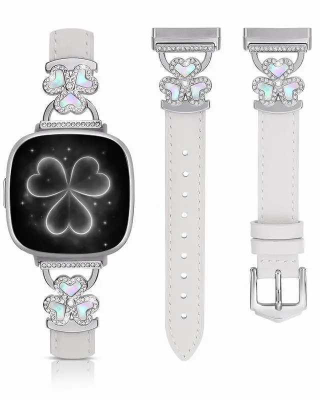 Main image of Leather Bands Compatible with Fitbit Versa 4/Versa 3/Sense 2/Sense Band for Women, Slim Thin Dressy Watch Strap with Clover Charm - Decorative Metal Buckle for Fitbit Versa 4 Smartwatch Bands