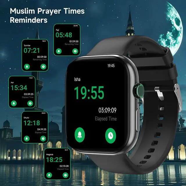 Alt view image 4 of 7 - Islamic Quran Watch for Muslim Men, 2.02" KDN Certification Azan Watch with 114 Full Quran Recitation, Prayer Times Reminders, Daily Azkar, Hijri Calendar, Bluetooth Call