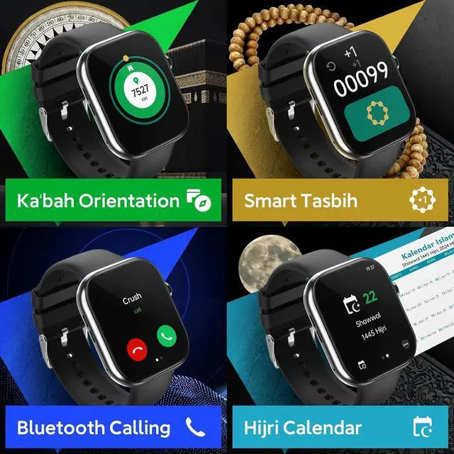 Alt view image 5 of 7 - Islamic Quran Watch for Muslim Men, 2.02" KDN Certification Azan Watch with 114 Full Quran Recitation, Prayer Times Reminders, Daily Azkar, Hijri Calendar, Bluetooth Call