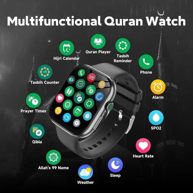 Alt view image 7 of 7 - Islamic Quran Watch for Muslim Men, 2.02" KDN Certification Azan Watch with 114 Full Quran Recitation, Prayer Times Reminders, Daily Azkar, Hijri Calendar, Bluetooth Call