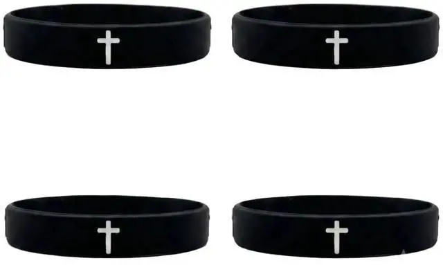 Main image of Pulex Christian Silicone Cross Embossed Wristbands, Black and White, Rubber Bracelets for Sports & Daily Wear, 4 Pack
