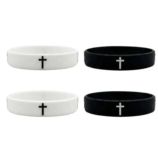 Main image of Pulex Christian Silicone Cross Embossed Wristbands, Black and White, Rubber Bracelets for Sports & Daily Wear, 4 Pack