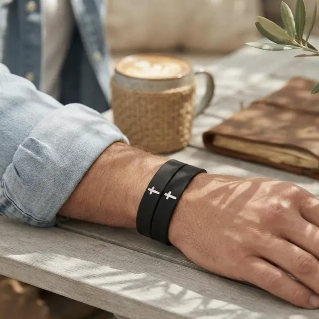 Alt view image 3 of 3 - Pulex Christian Silicone Cross Embossed Wristbands, Black and White, Rubber Bracelets for Sports & Daily Wear, 4 Pack