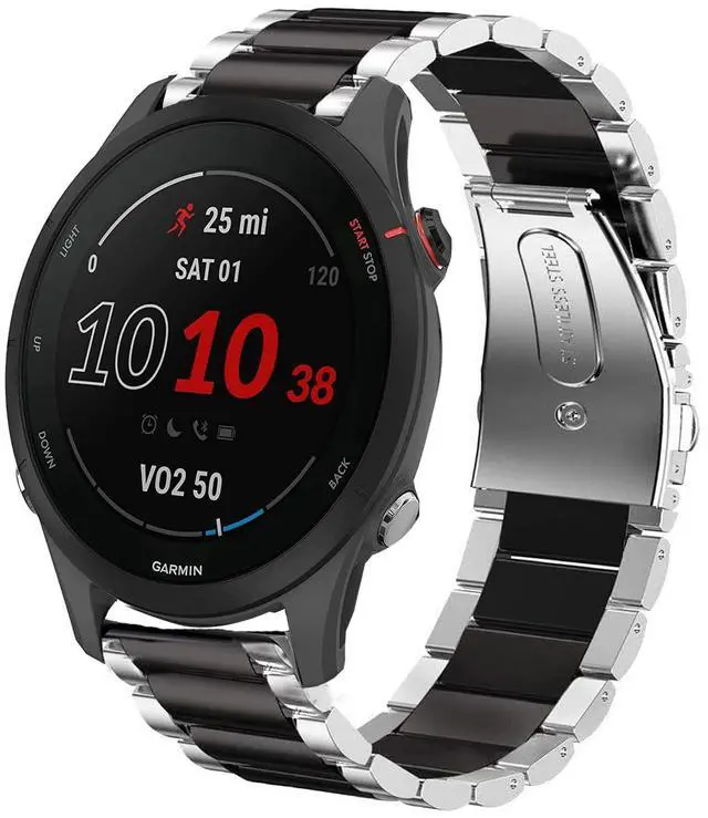 Main image of Compatible for Garmin Forerunner 255 Band, Quick Release Stainless Steel Metal Replacement Straps Compatible with Garmin 255 46mm / 255S 41mm Smartwatch (Silver-Black, 46mm Case Forerunner 255)