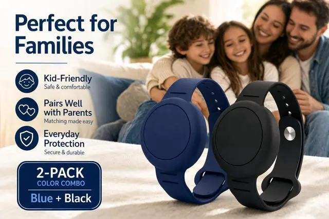 Alt view image 2 of 2 - Silicone Bracelet Holder 2-Pack for GPS Trackers (Trackers NOT Included) Adjustable Water Resistant Wristband Compatible with 1-inch Round Trackers Slim Fit Snap Button Black & Navy Blue