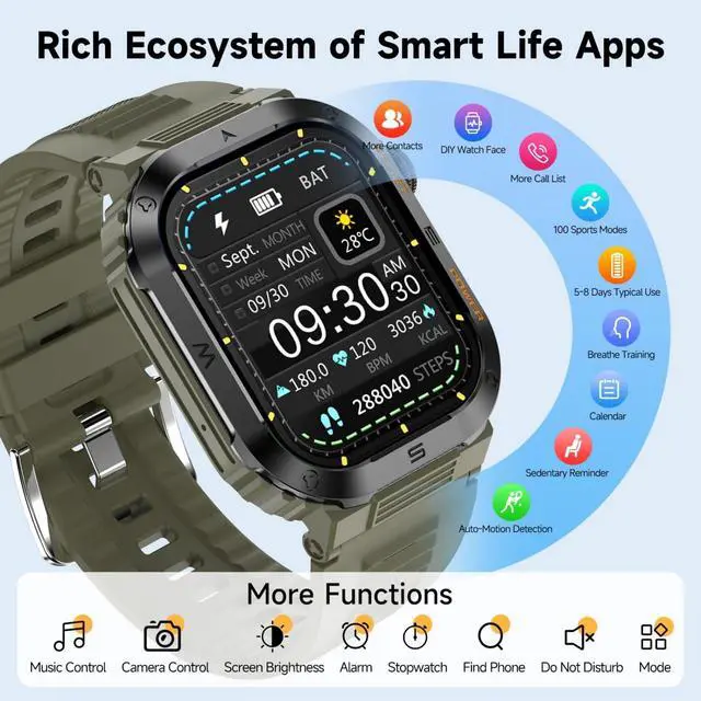 Alt view image 2 of 7 - Mens Smart Watch 2.01" HD Display, Bluetooth Calling Smartwatch, Fitness Tracker with Heart Rate & Sleep Monitor, 400mAh Battery Up to 10 Days, IP68 Waterproof Sports Watch, Green
