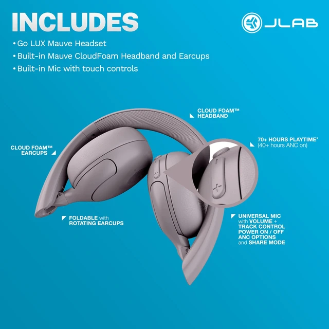 Alt view image 7 of 7 - Go Lux ANC, On Ear Headphones, Active Noise Cancelling, Bluetooth, MultIPoint Connection, Mauve