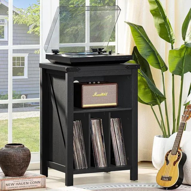 Alt view image 2 of 7 - Record Player Stand with Vinyl Record Storage,Black | Record Player Table Holds up to 160 Albums,Large Wood Turntable Stand Cabinet Dispaly Shelf for Living Room,Bedroom,Office