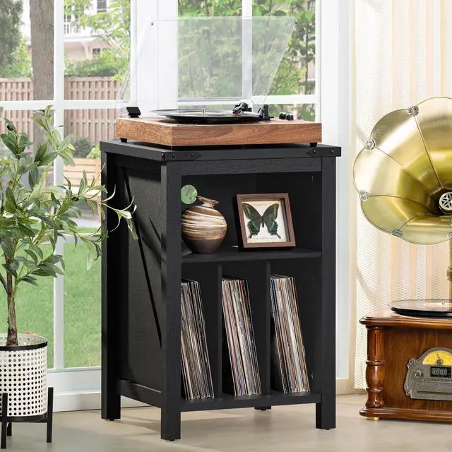 Alt view image 5 of 7 - Record Player Stand with Vinyl Record Storage,Black | Record Player Table Holds up to 160 Albums,Large Wood Turntable Stand Cabinet Dispaly Shelf for Living Room,Bedroom,Office