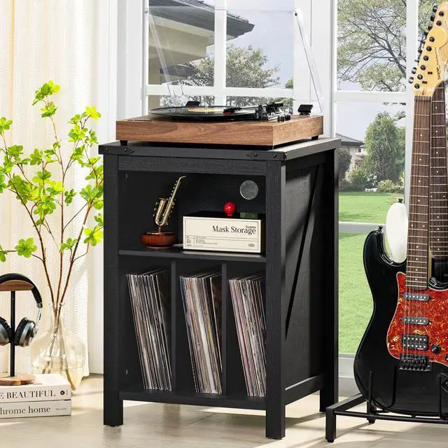 Alt view image 4 of 7 - Record Player Stand with Vinyl Record Storage,Black | Record Player Table Holds up to 160 Albums,Large Wood Turntable Stand Cabinet Dispaly Shelf for Living Room,Bedroom,Office