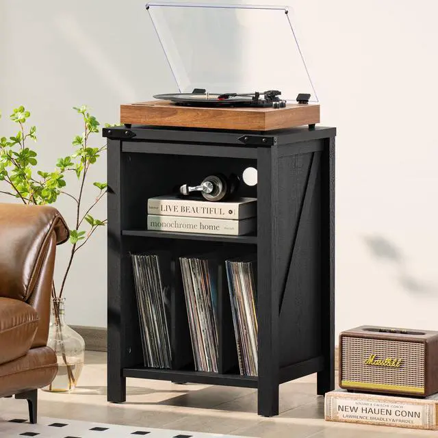 Alt view image 6 of 7 - Record Player Stand with Vinyl Record Storage,Black | Record Player Table Holds up to 160 Albums,Large Wood Turntable Stand Cabinet Dispaly Shelf for Living Room,Bedroom,Office