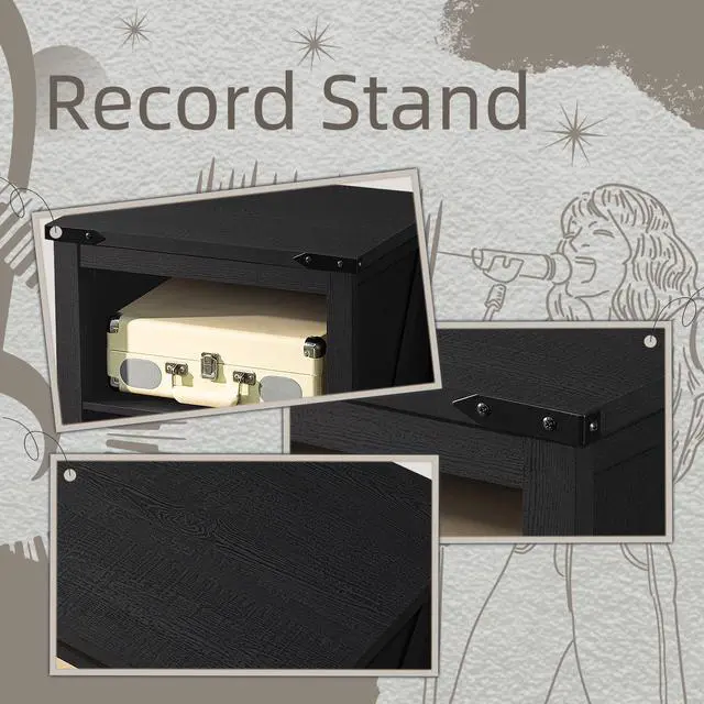 Alt view image 7 of 7 - Record Player Stand with Vinyl Record Storage,Black | Record Player Table Holds up to 160 Albums,Large Wood Turntable Stand Cabinet Dispaly Shelf for Living Room,Bedroom,Office