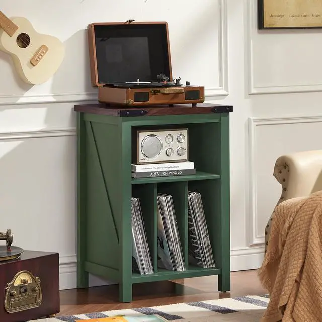 Alt view image 4 of 7 - Record Player Stand with Vinyl Record Storage,Green | Record Player Table Holds up to 160 Albums,Large Wood Turntable Stand Cabinet Dispaly Shelf for Living Room,Bedroom,Office