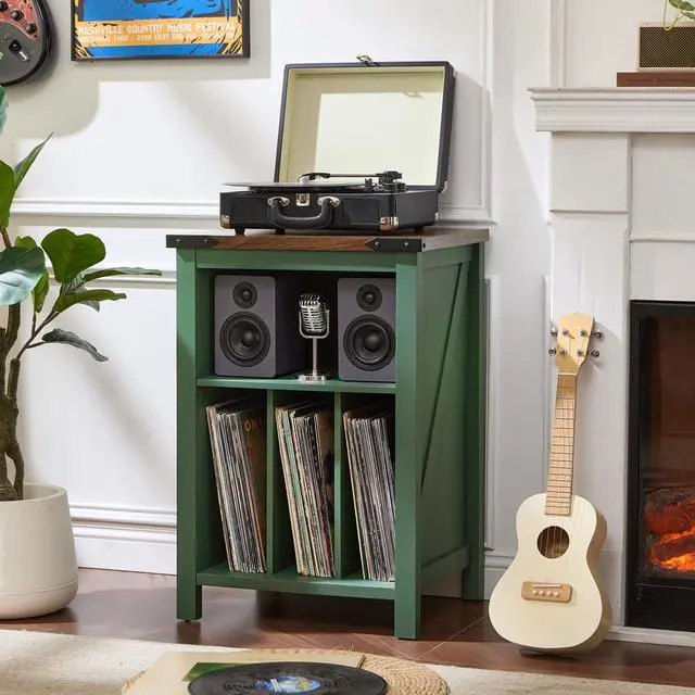 Alt view image 5 of 7 - Record Player Stand with Vinyl Record Storage,Green | Record Player Table Holds up to 160 Albums,Large Wood Turntable Stand Cabinet Dispaly Shelf for Living Room,Bedroom,Office