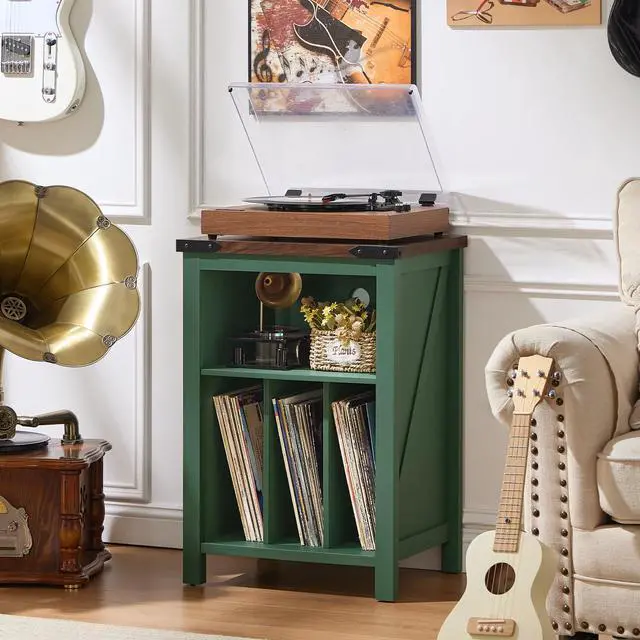 Alt view image 7 of 7 - Record Player Stand with Vinyl Record Storage,Green | Record Player Table Holds up to 160 Albums,Large Wood Turntable Stand Cabinet Dispaly Shelf for Living Room,Bedroom,Office