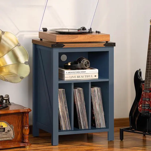 Alt view image 2 of 7 - Record Player Stand with Vinyl Record Storage,Navy Blue | Record Player Table Holds up to 160 Albums,Large Wood Turntable Stand Cabinet Dispaly Shelf for Living Room,Bedroom,Office