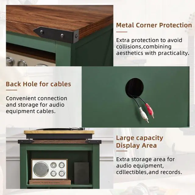 Alt view image 6 of 7 - Record Player Stand with Vinyl Record Storage,Green | Record Player Table Holds up to 160 Albums,Large Wood Turntable Stand Cabinet Dispaly Shelf for Living Room,Bedroom,Office