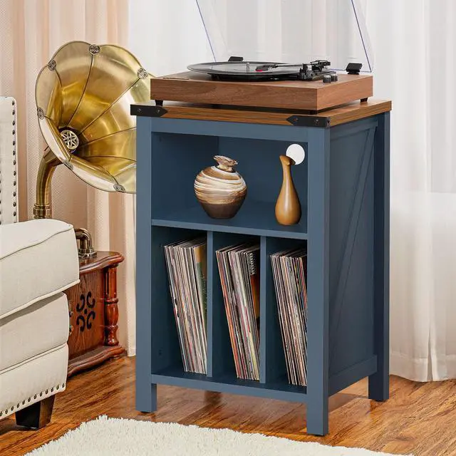 Alt view image 4 of 7 - Record Player Stand with Vinyl Record Storage,Navy Blue | Record Player Table Holds up to 160 Albums,Large Wood Turntable Stand Cabinet Dispaly Shelf for Living Room,Bedroom,Office