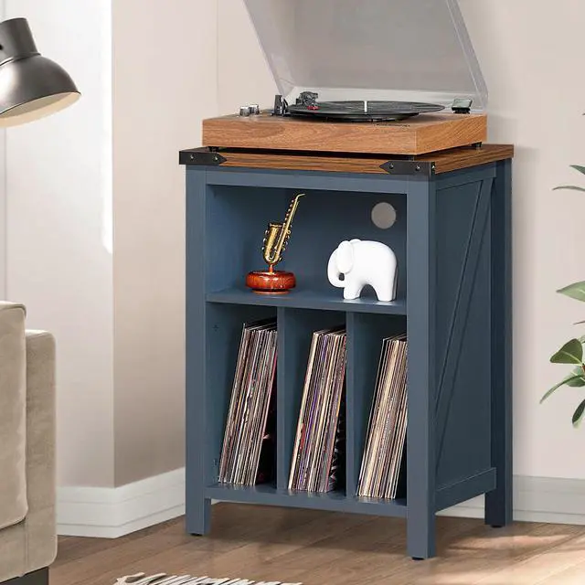 Alt view image 5 of 7 - Record Player Stand with Vinyl Record Storage,Navy Blue | Record Player Table Holds up to 160 Albums,Large Wood Turntable Stand Cabinet Dispaly Shelf for Living Room,Bedroom,Office