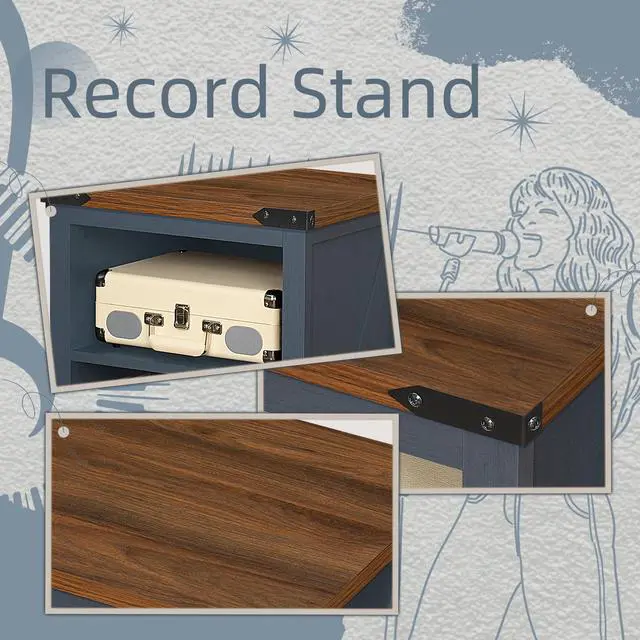 Alt view image 6 of 7 - Record Player Stand with Vinyl Record Storage,Navy Blue | Record Player Table Holds up to 160 Albums,Large Wood Turntable Stand Cabinet Dispaly Shelf for Living Room,Bedroom,Office