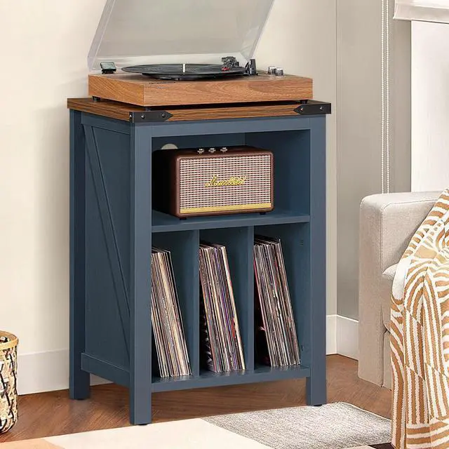 Alt view image 7 of 7 - Record Player Stand with Vinyl Record Storage,Navy Blue | Record Player Table Holds up to 160 Albums,Large Wood Turntable Stand Cabinet Dispaly Shelf for Living Room,Bedroom,Office