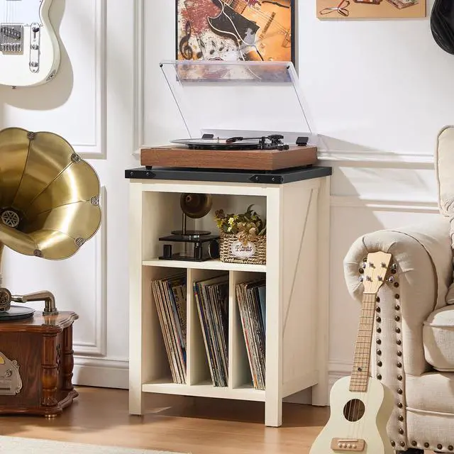 Alt view image 4 of 7 - Record Player Stand with Vinyl Record Storage,White | Record Player Table Holds up to 160 Albums,Large Wood Turntable Stand Cabinet Dispaly Shelf for Living Room,Bedroom,Office