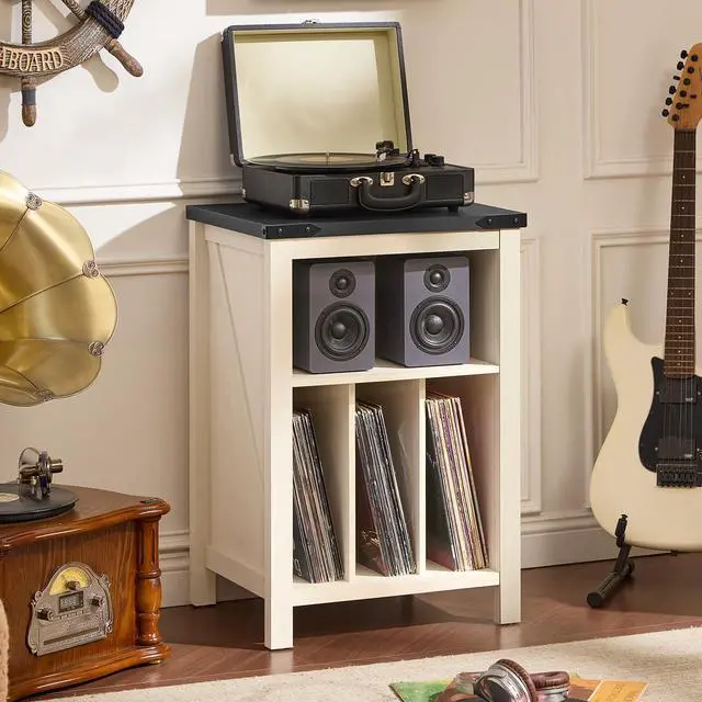 Alt view image 5 of 7 - Record Player Stand with Vinyl Record Storage,White | Record Player Table Holds up to 160 Albums,Large Wood Turntable Stand Cabinet Dispaly Shelf for Living Room,Bedroom,Office
