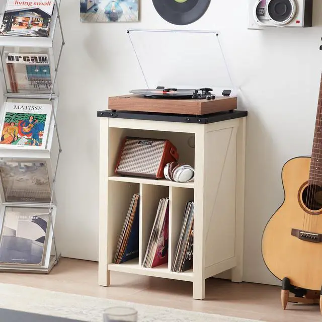 Alt view image 7 of 7 - Record Player Stand with Vinyl Record Storage,White | Record Player Table Holds up to 160 Albums,Large Wood Turntable Stand Cabinet Dispaly Shelf for Living Room,Bedroom,Office