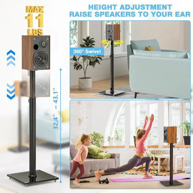 Alt view image 4 of 7 - Bookshelf Speaker Stands Pair from 32" to 43" | Height Adjustable Rear Speaker Stands with 360° Swivel, 11 lbs Capacity, Set of 2 for Satellite & Small Bookshelf Speakers