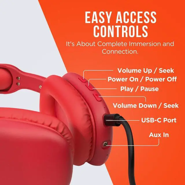 Alt view image 3 of 7 - Over-Ear Headphones - Wireless Bluetooth Headphones with Noise Isolation, Built-in Mic, Soft Memory Foam Cups for All-Day Comfort, Red