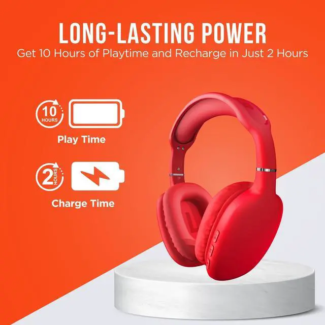 Alt view image 4 of 7 - Over-Ear Headphones - Wireless Bluetooth Headphones with Noise Isolation, Built-in Mic, Soft Memory Foam Cups for All-Day Comfort, Red